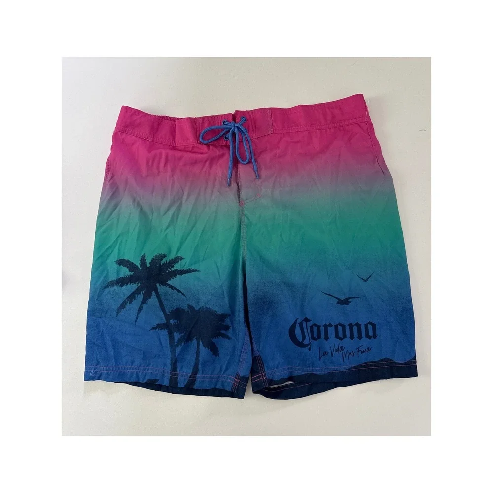 Corona Extra Mens Ombre Tropical Palm Tree Swim Trunks Pink Blue Large TA001